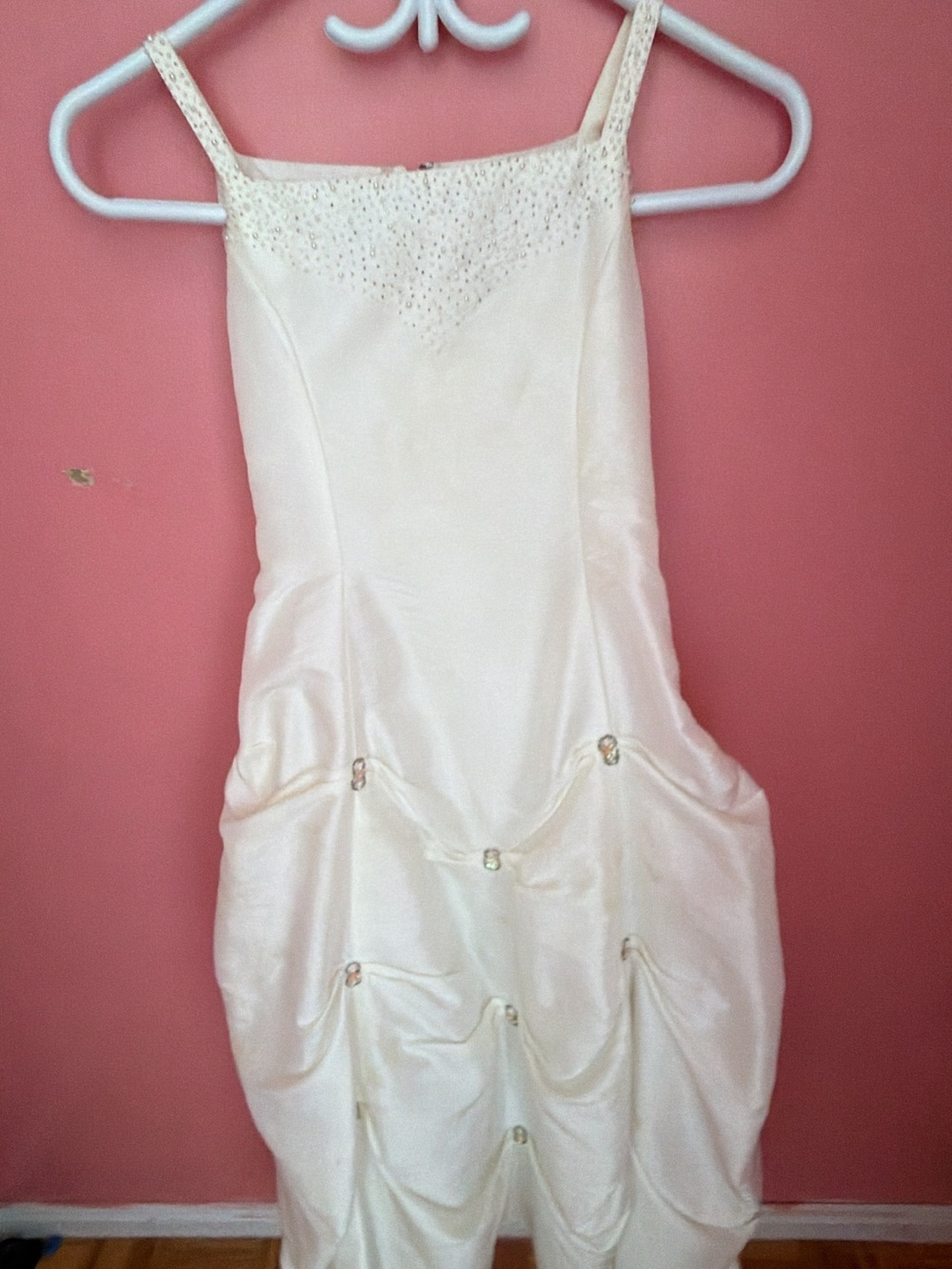 Ivory Satin Beaded Bubble Hem Dress